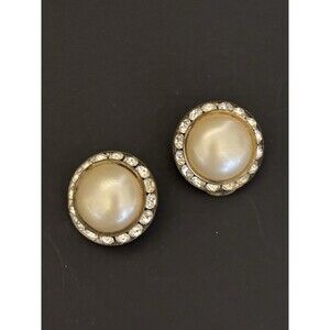Pair Vintage RETRO Clip On EARRINGS Faux PEARL Surrounded By Rhinestones Classic